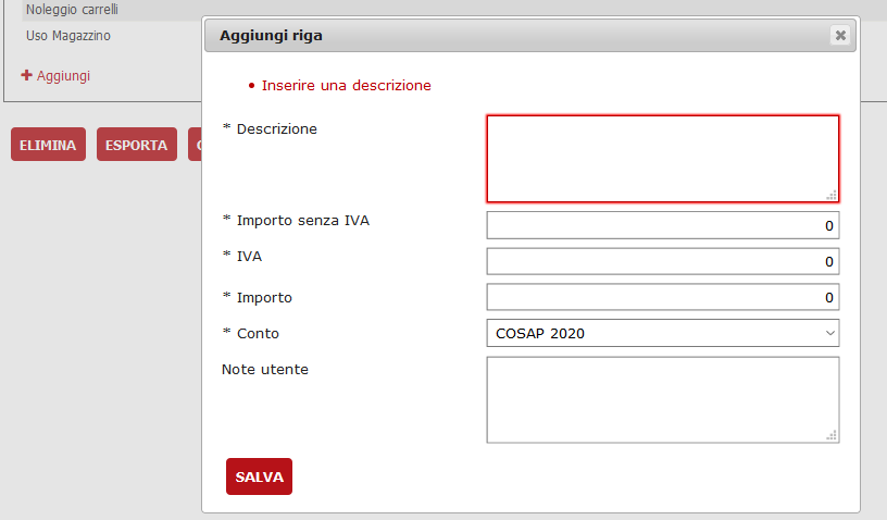gestione bollettazione aggiungi riga