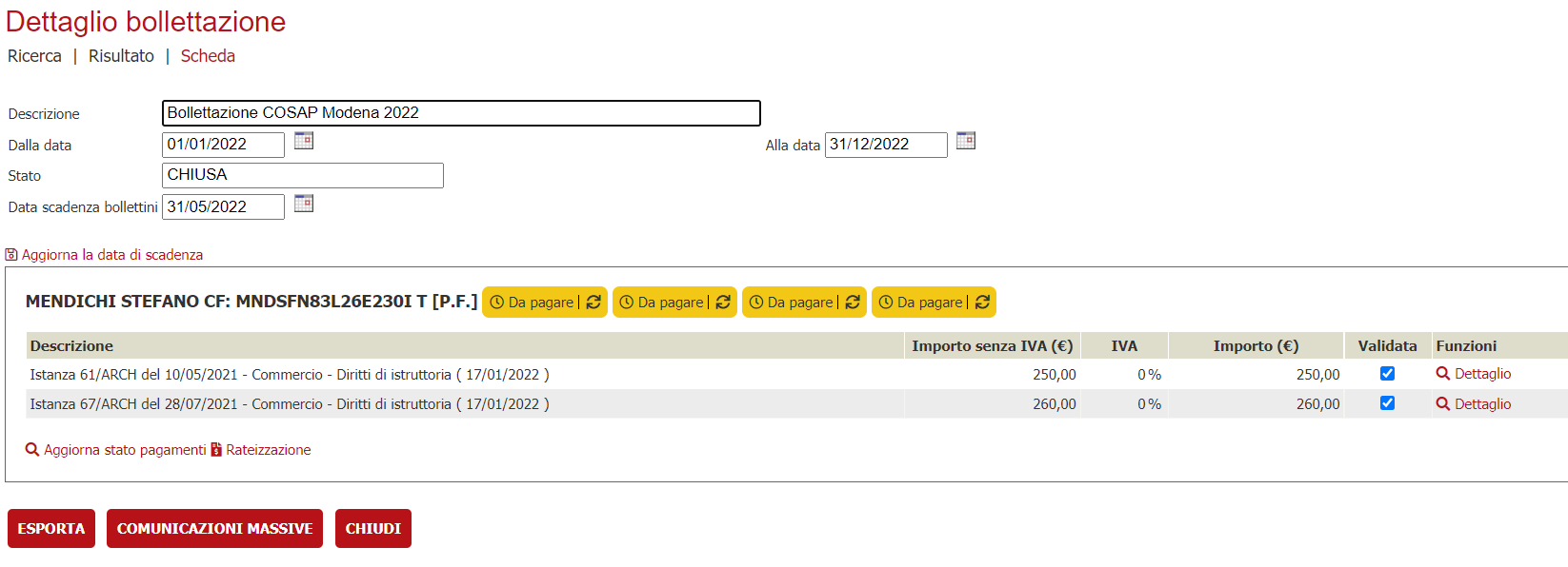 gestione bollettazione istanza