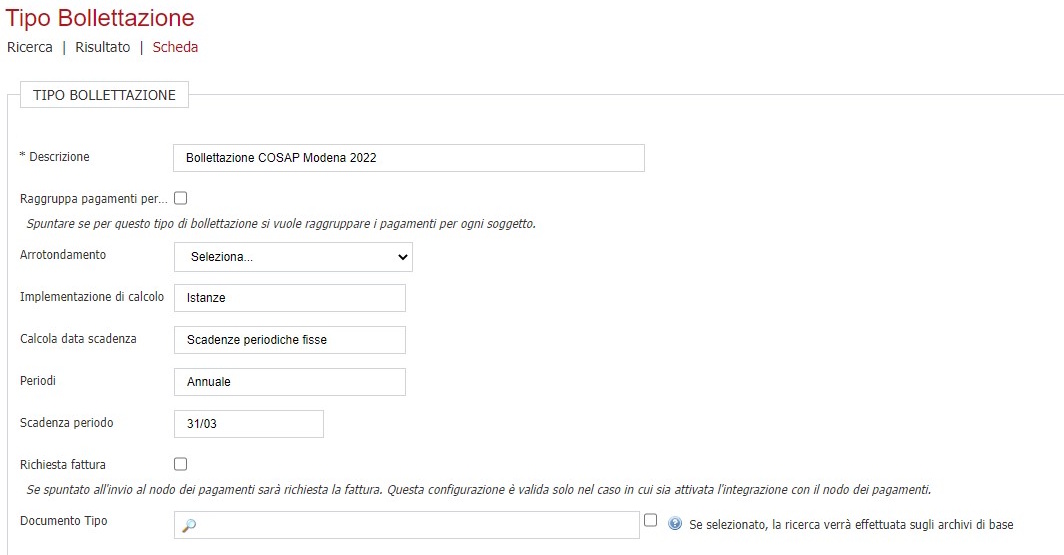 Configurazione della tipologia di bollettazione