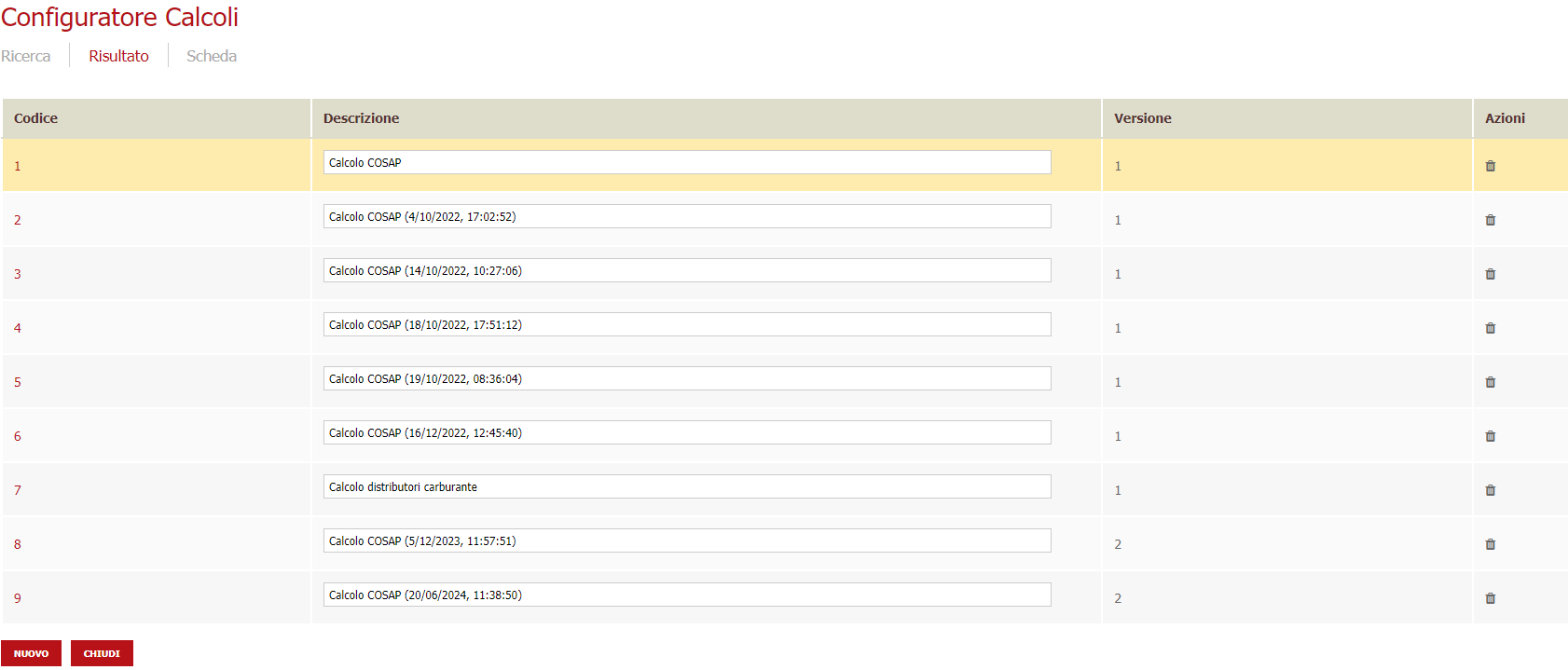 Elenco configurazioni esistenti